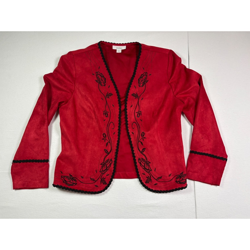 Dressbarn Womens Red Faux Suede Embroidered Blazer Jacket Large Floral